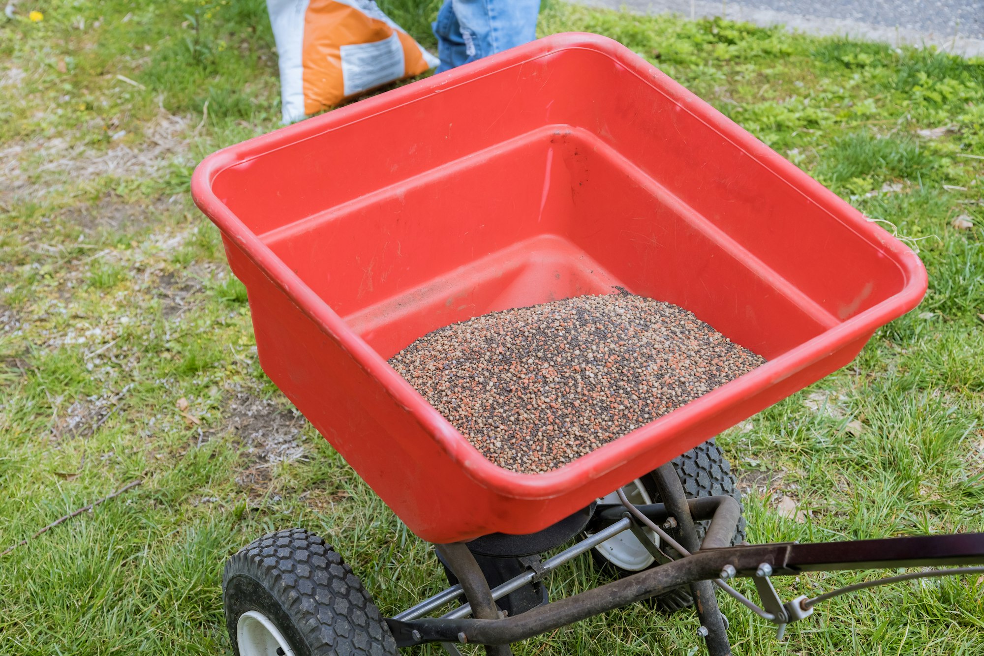 Landscapers gardener with sowing lawn grass seeds with a drop lawn spreader